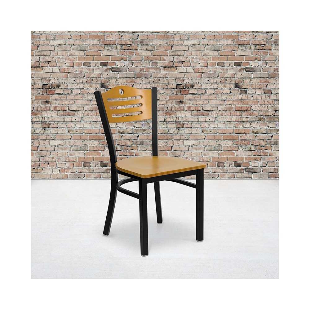 Black Slat Back Metal Restaurant Chair - Natural Wood Back & Seat