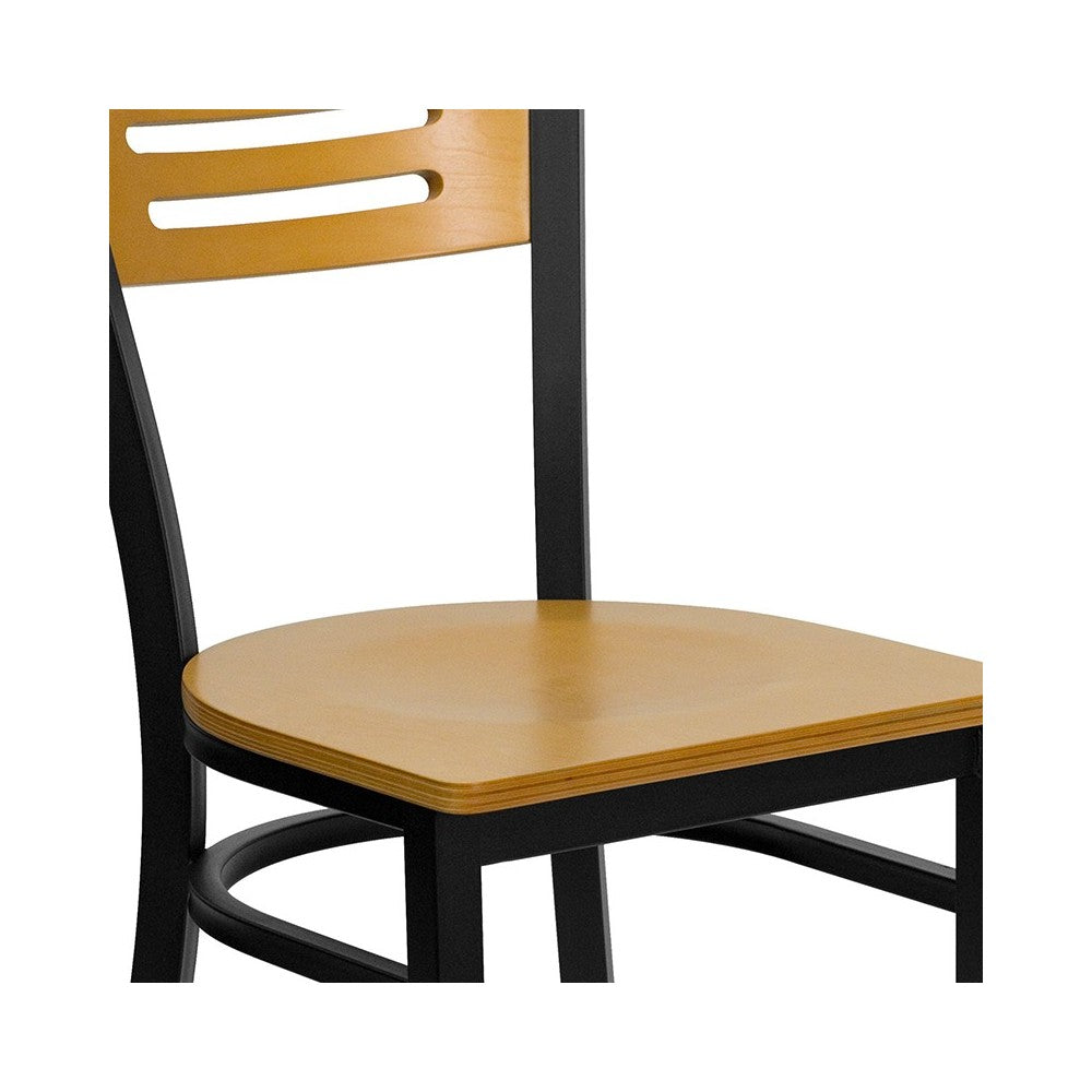 Black Slat Back Metal Restaurant Chair - Natural Wood Back & Seat