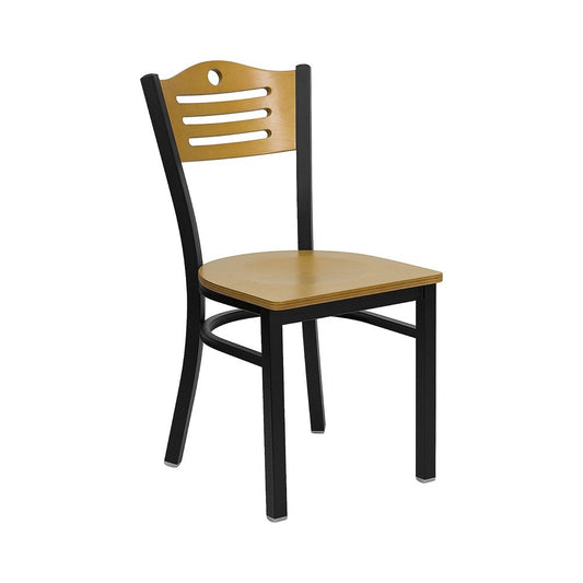 Black Slat Back Metal Restaurant Chair - Natural Wood Back & Seat