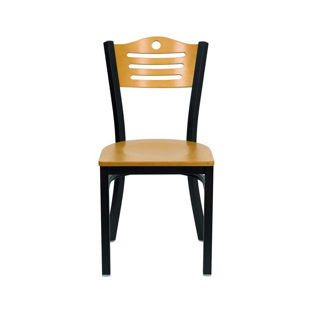 Black Slat Back Metal Restaurant Chair - Natural Wood Back & Seat