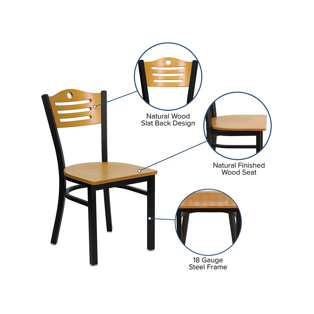 Black Slat Back Metal Restaurant Chair - Natural Wood Back & Seat