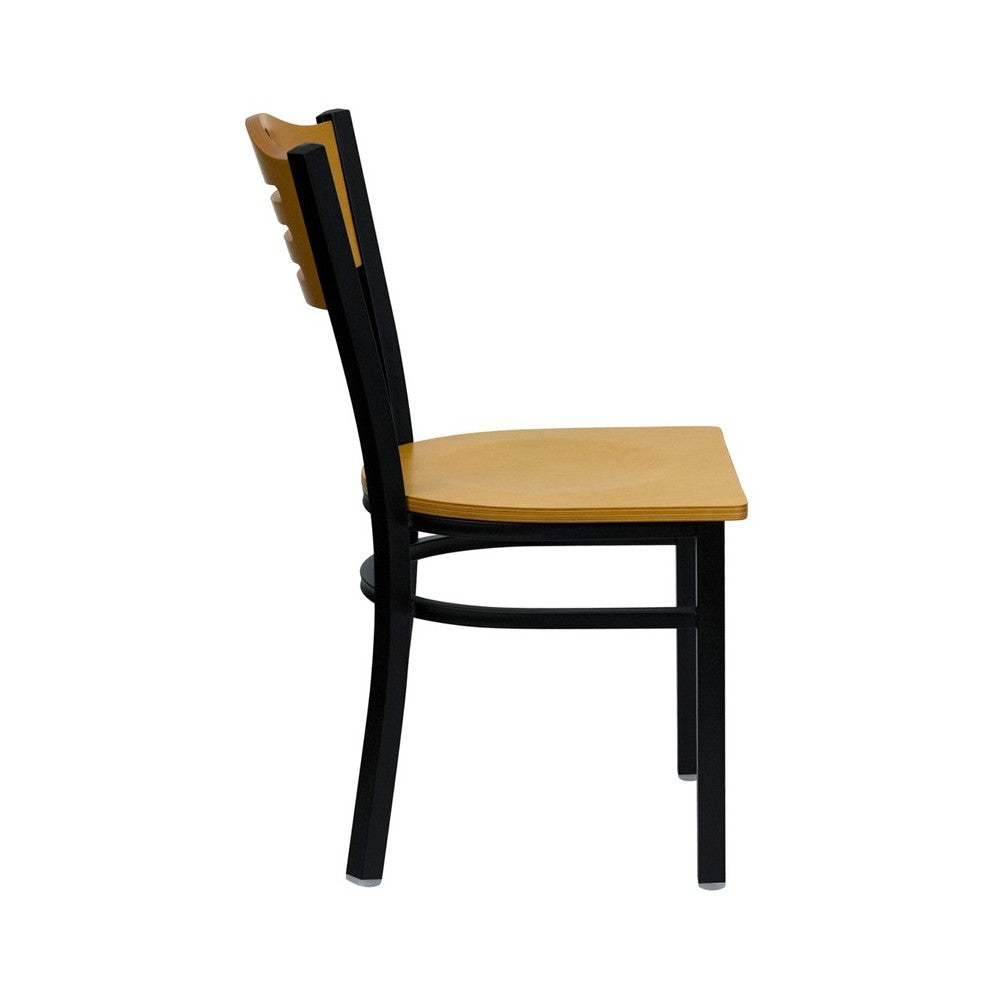 Black Slat Back Metal Restaurant Chair - Natural Wood Back & Seat