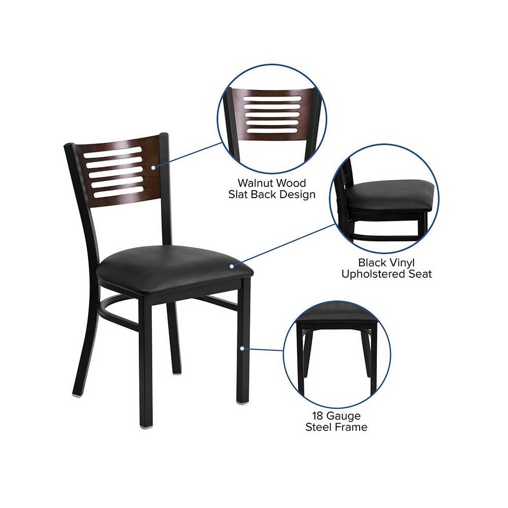 Black Slat Back Metal Restaurant Chair - Walnut Wood Back, Black Vinyl Seat