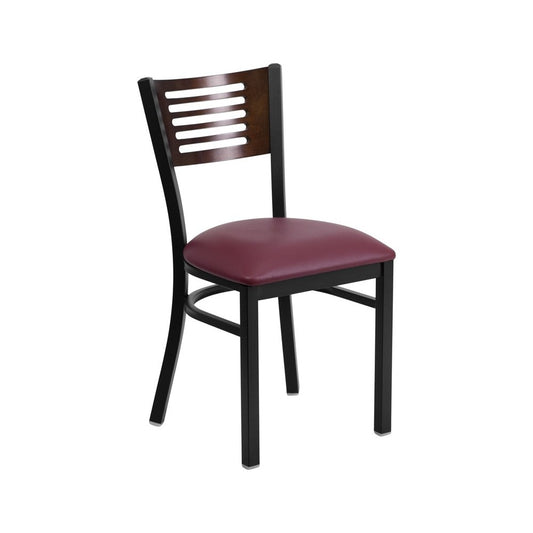 Black Slat Back Metal Restaurant Chair - Walnut Wood Back, Burgundy Vinyl Seat