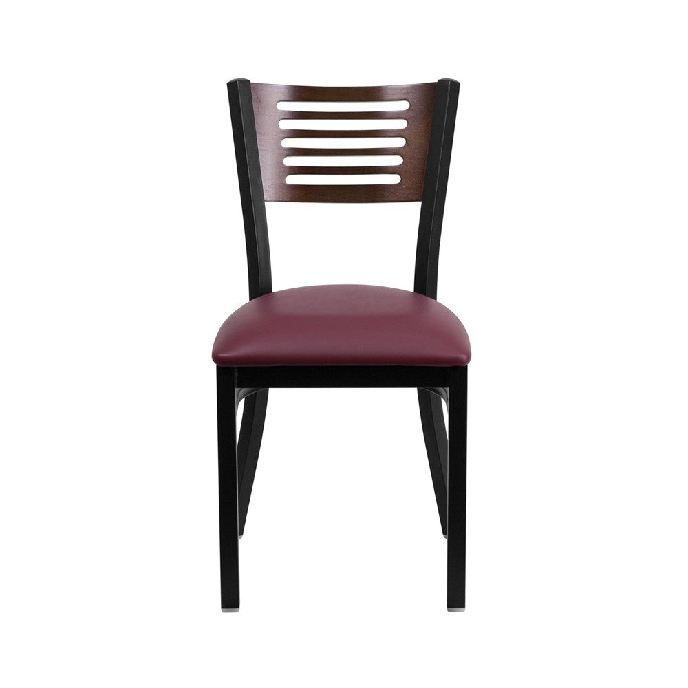 Black Slat Back Metal Restaurant Chair - Walnut Wood Back, Burgundy Vinyl Seat
