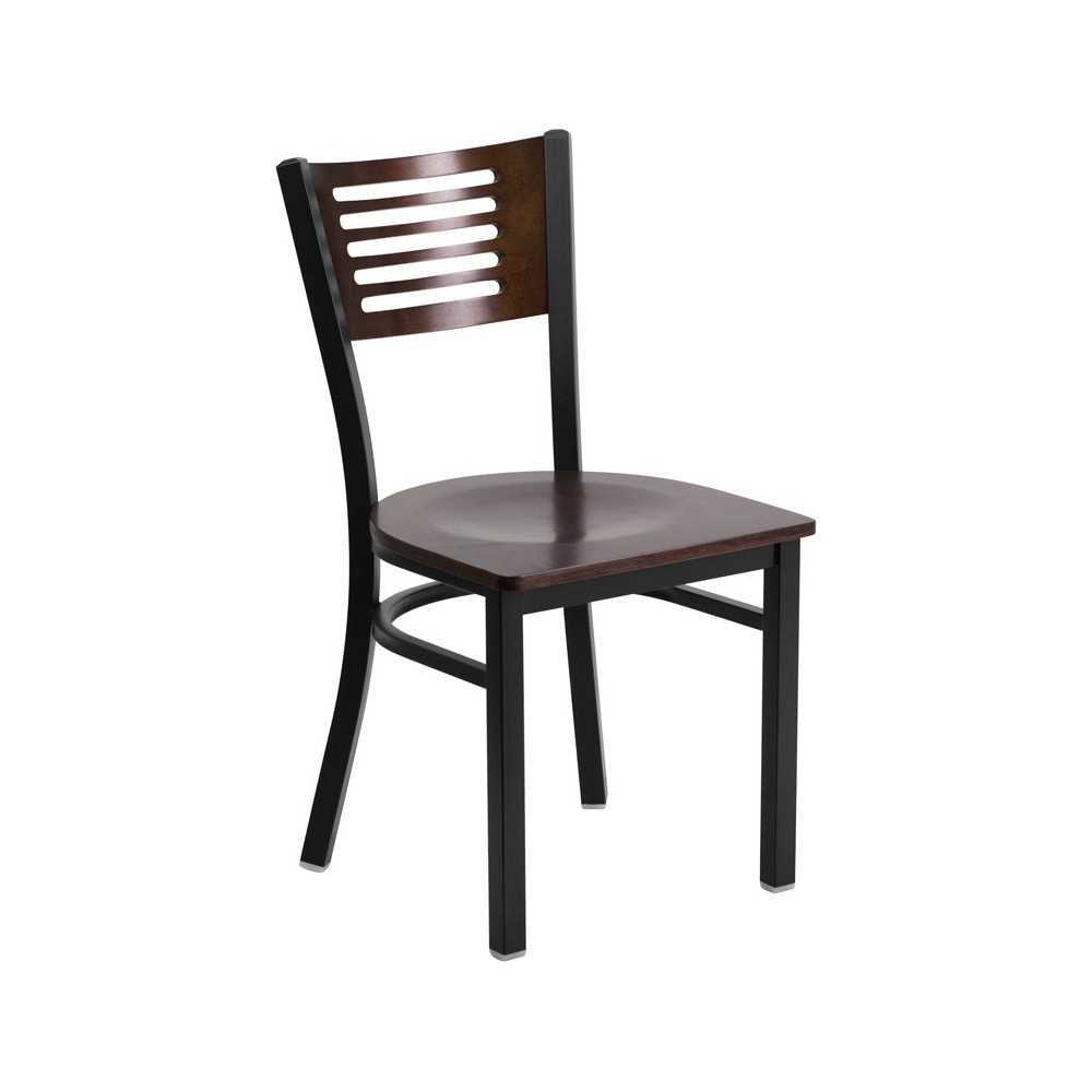 Black Slat Back Metal Restaurant Chair - Walnut Wood Back & Seat