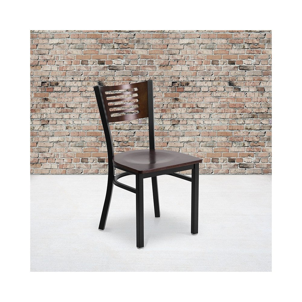 Black Slat Back Metal Restaurant Chair - Walnut Wood Back & Seat