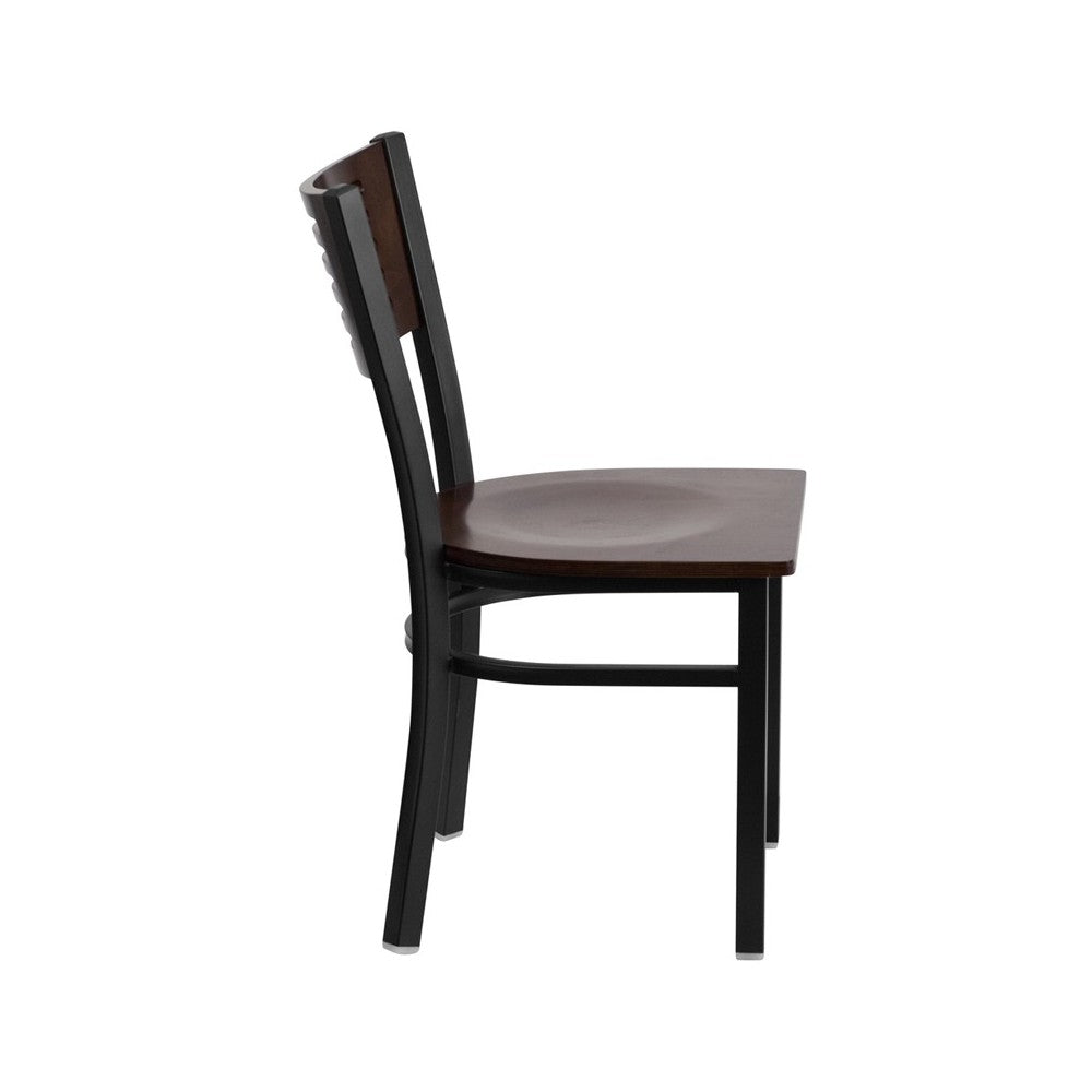Black Slat Back Metal Restaurant Chair - Walnut Wood Back & Seat