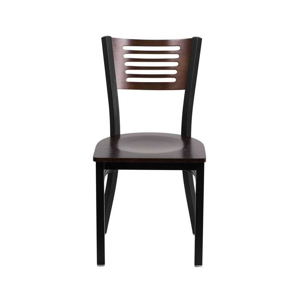 Black Slat Back Metal Restaurant Chair - Walnut Wood Back & Seat