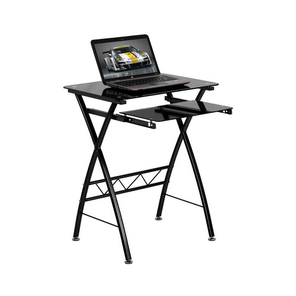 Black Tempered Glass Computer Desk with Pull-Out Keyboard Tray