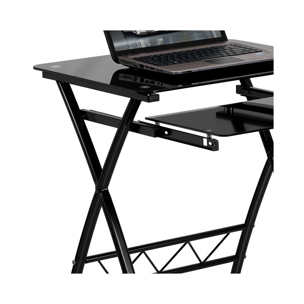 Black Tempered Glass Computer Desk with Pull-Out Keyboard Tray