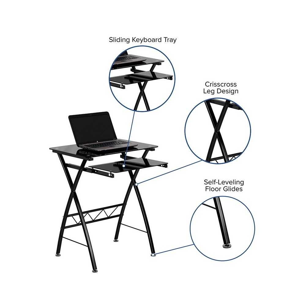 Black Tempered Glass Computer Desk with Pull-Out Keyboard Tray