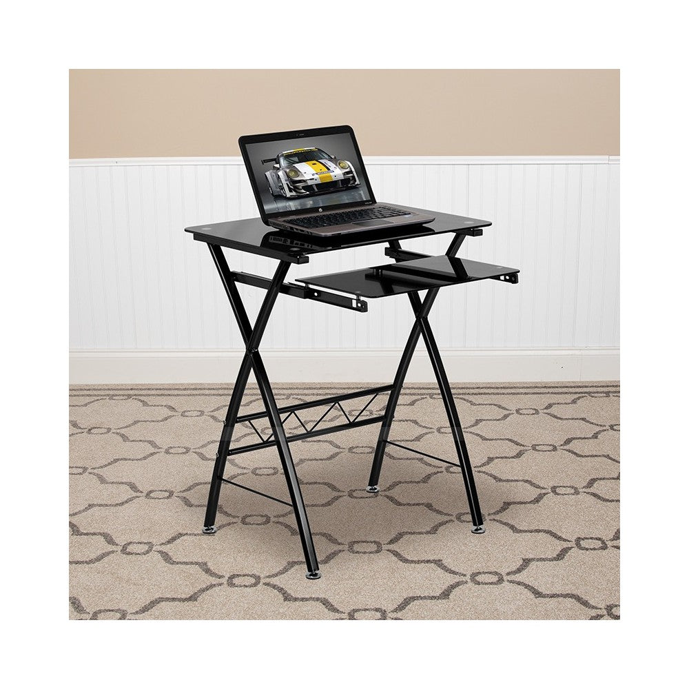 Black Tempered Glass Computer Desk with Pull-Out Keyboard Tray