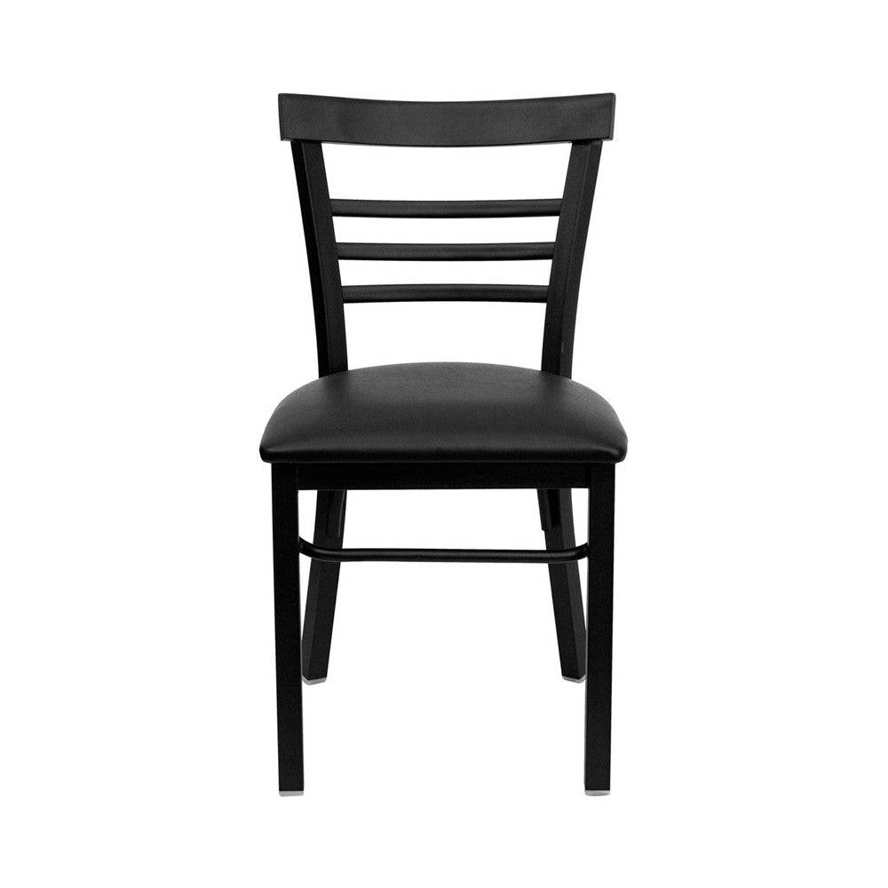 Black Three-Slat Ladder Back Metal Restaurant Chair - Black Vinyl Seat