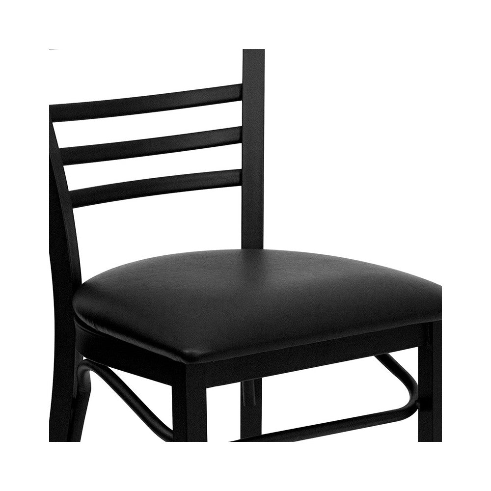 Black Three-Slat Ladder Back Metal Restaurant Chair - Black Vinyl Seat