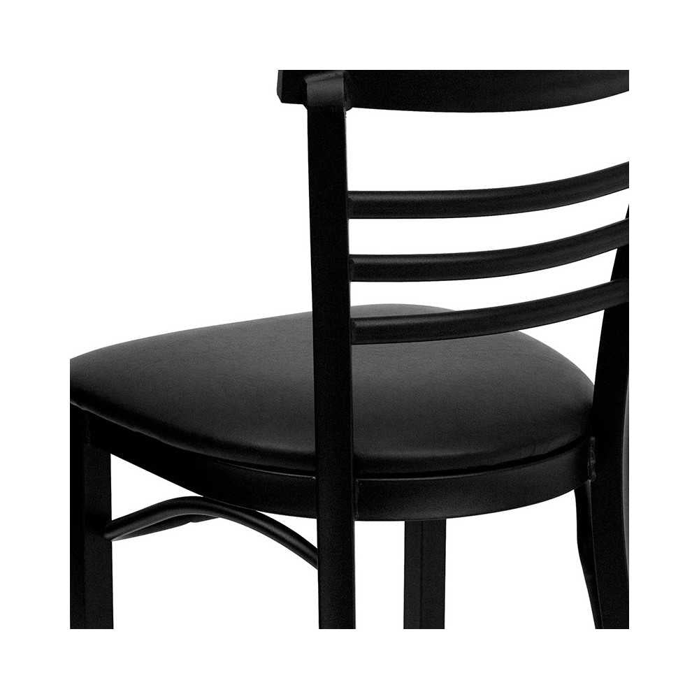 Black Three-Slat Ladder Back Metal Restaurant Chair - Black Vinyl Seat