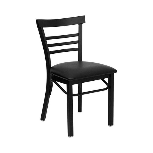 Black Three-Slat Ladder Back Metal Restaurant Chair - Black Vinyl Seat