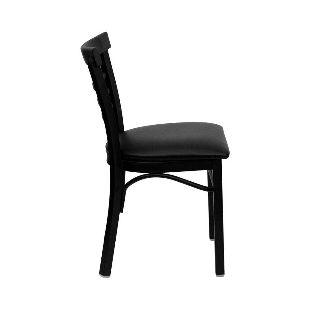 Black Three-Slat Ladder Back Metal Restaurant Chair - Black Vinyl Seat