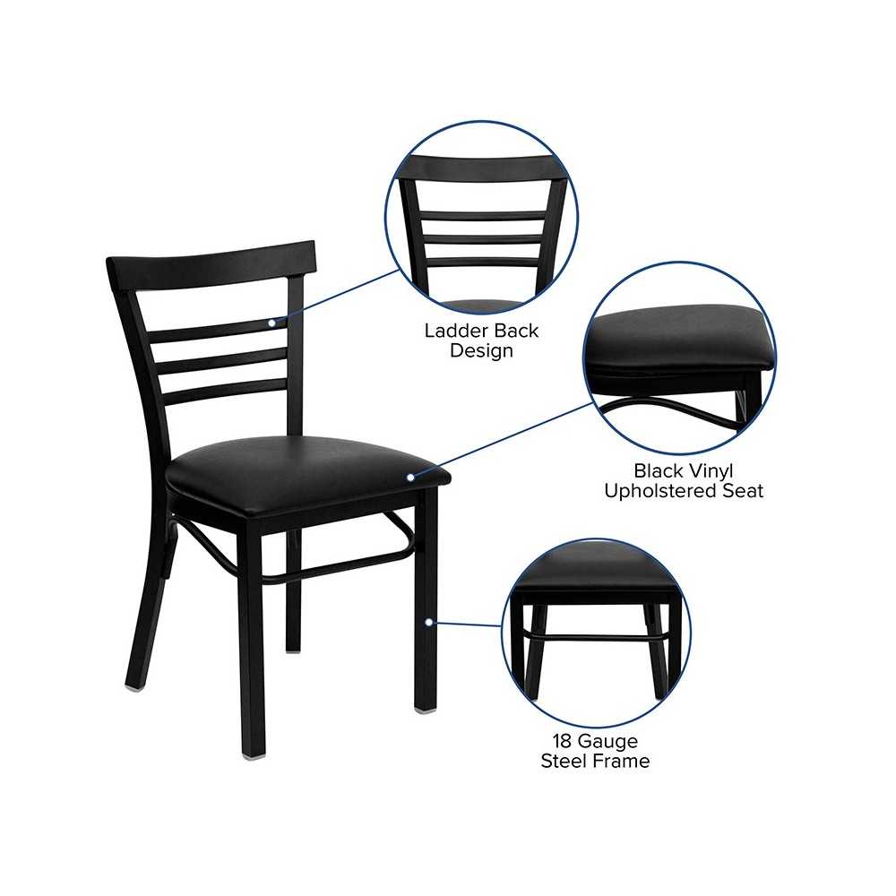 Black Three-Slat Ladder Back Metal Restaurant Chair - Black Vinyl Seat