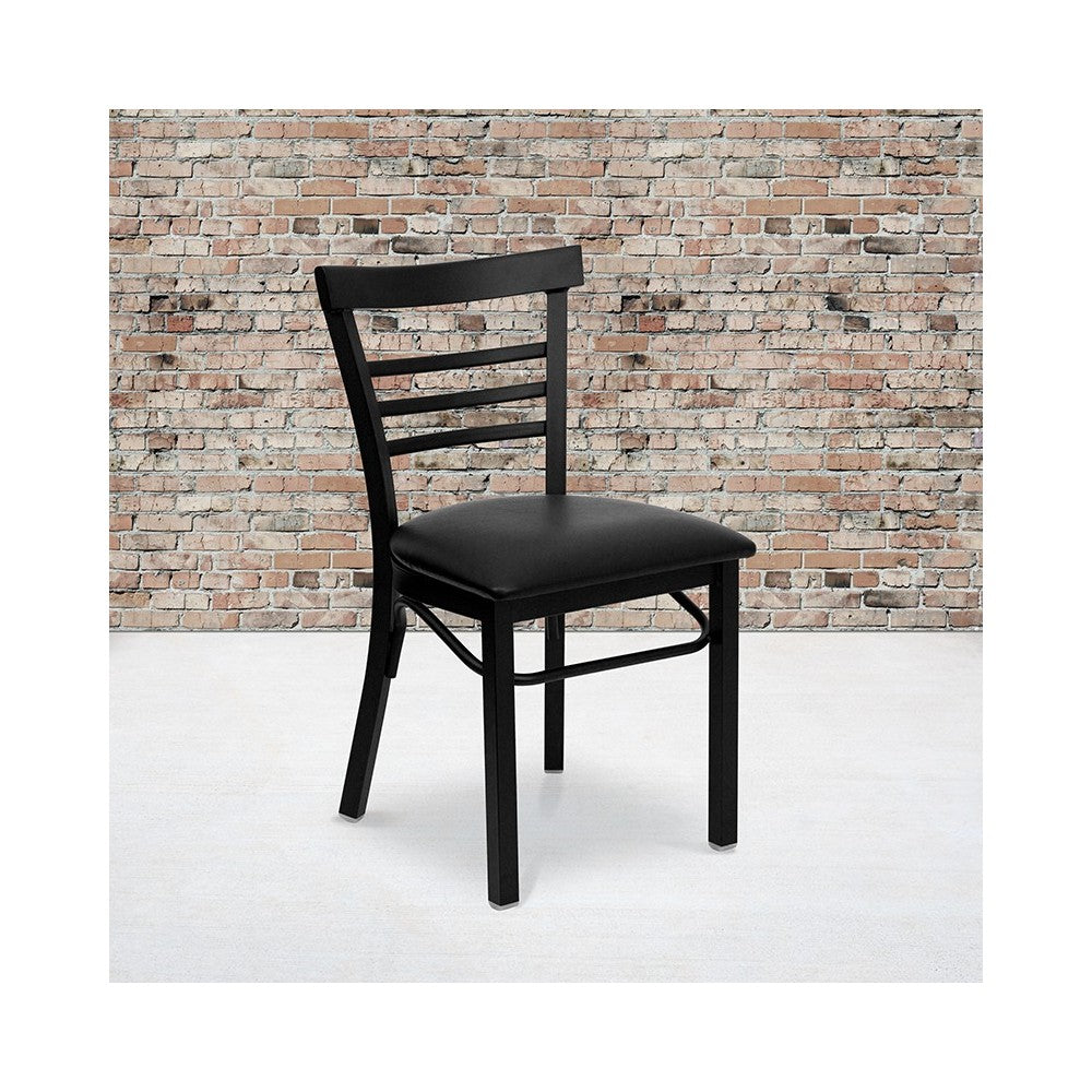 Black Three-Slat Ladder Back Metal Restaurant Chair - Black Vinyl Seat