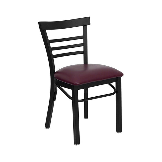 Black Three-Slat Ladder Back Metal Restaurant Chair - Burgundy Vinyl Seat