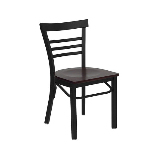 Black Three-Slat Ladder Back Metal Restaurant Chair - Mahogany Wood Seat