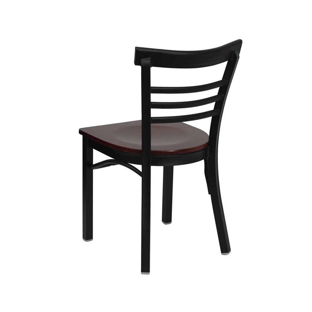 Black Three-Slat Ladder Back Metal Restaurant Chair - Mahogany Wood Seat