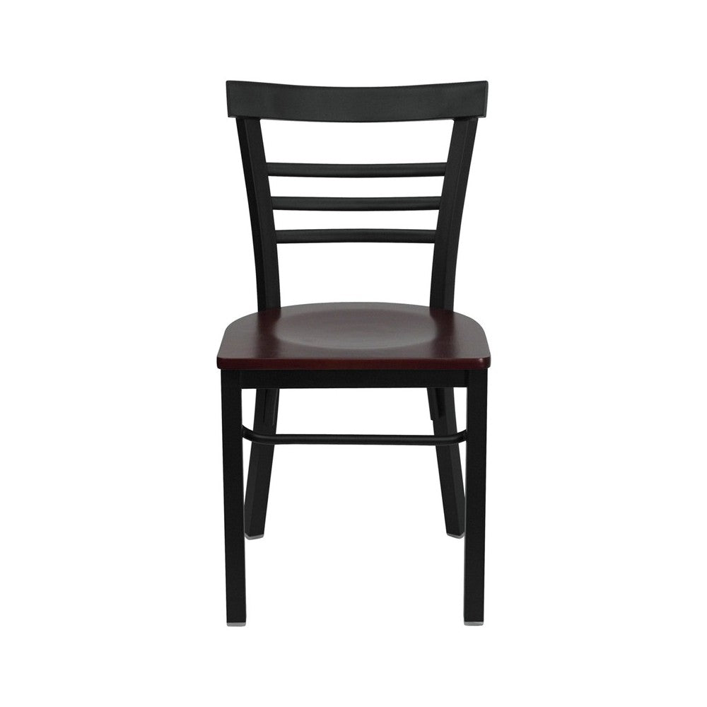 Black Three-Slat Ladder Back Metal Restaurant Chair - Mahogany Wood Seat