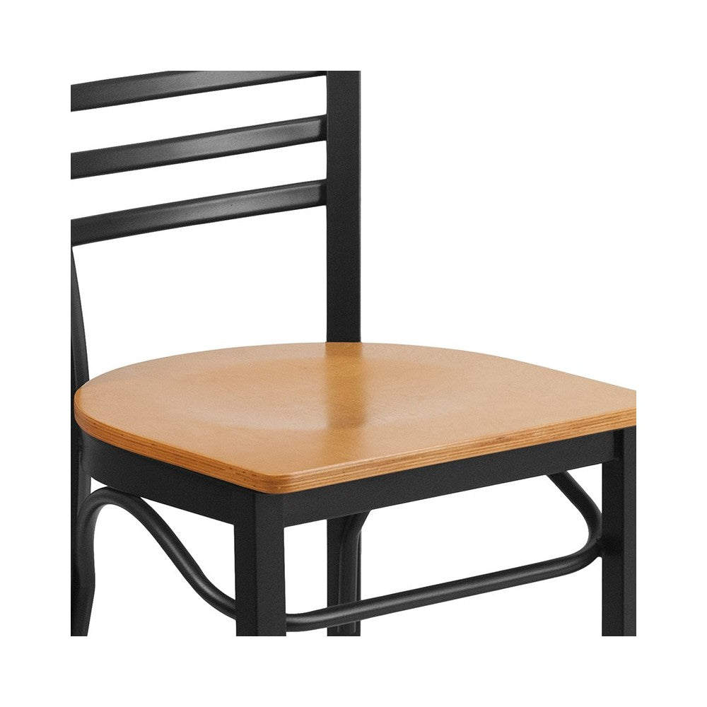 Black Three-Slat Ladder Back Metal Restaurant Chair - Natural Wood Seat