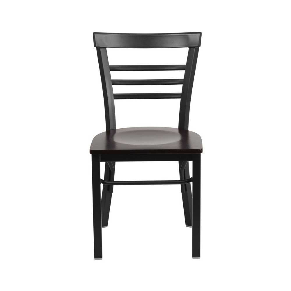 Black Three-Slat Ladder Back Metal Restaurant Chair - Walnut Wood Seat