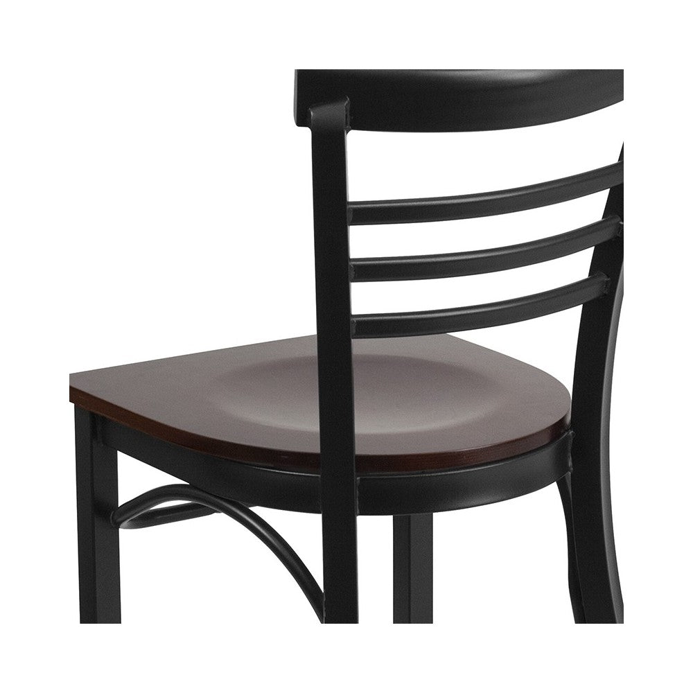 Black Three-Slat Ladder Back Metal Restaurant Chair - Walnut Wood Seat