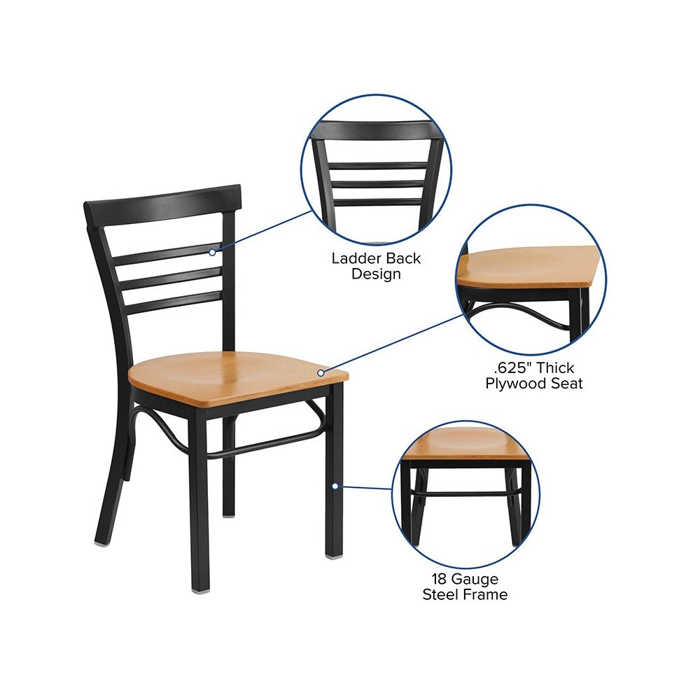 Black Three-Slat Ladder Back Metal Restaurant Chair - Walnut Wood Seat