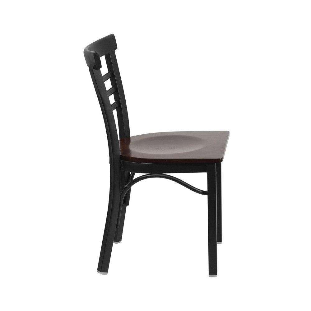 Black Three-Slat Ladder Back Metal Restaurant Chair - Walnut Wood Seat