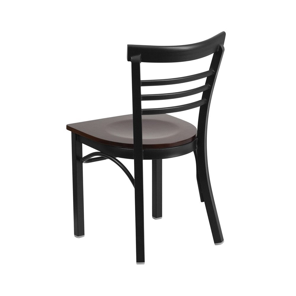 Black Three-Slat Ladder Back Metal Restaurant Chair - Walnut Wood Seat