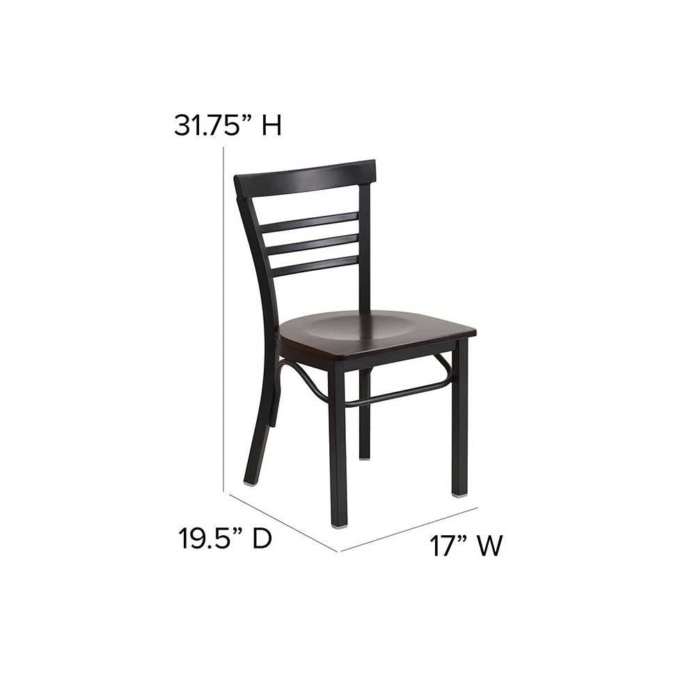 Black Three-Slat Ladder Back Metal Restaurant Chair - Walnut Wood Seat
