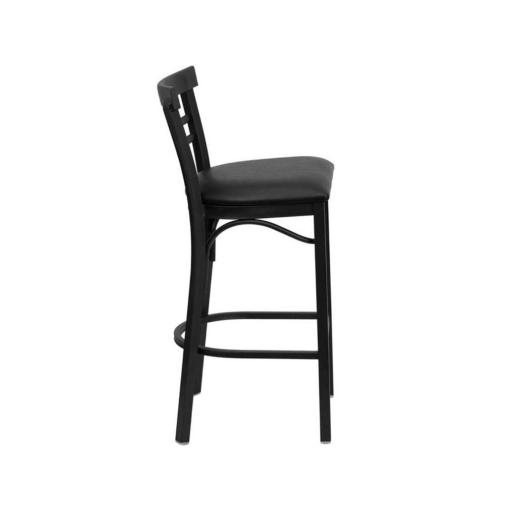 Black Two-Slat Ladder Back Metal Restaurant Barstool - Black Vinyl Seat