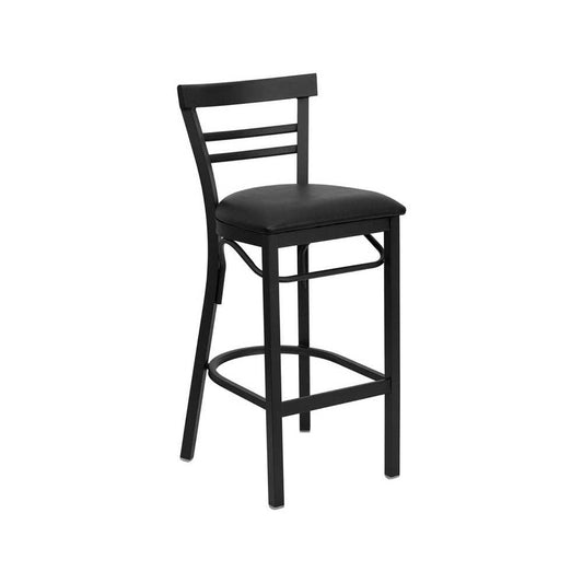 Black Two-Slat Ladder Back Metal Restaurant Barstool - Black Vinyl Seat