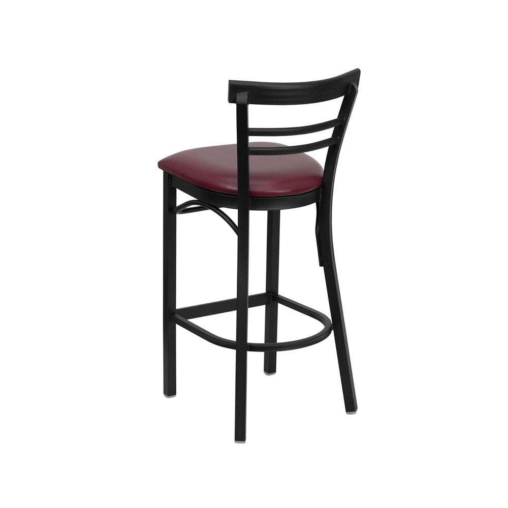 Black Two-Slat Ladder Back Metal Restaurant Barstool - Burgundy Vinyl Seat