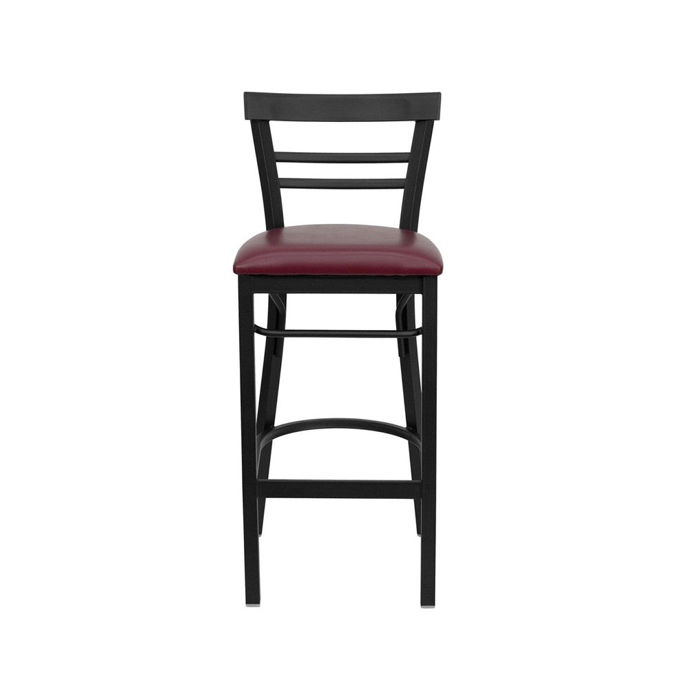 Black Two-Slat Ladder Back Metal Restaurant Barstool - Burgundy Vinyl Seat