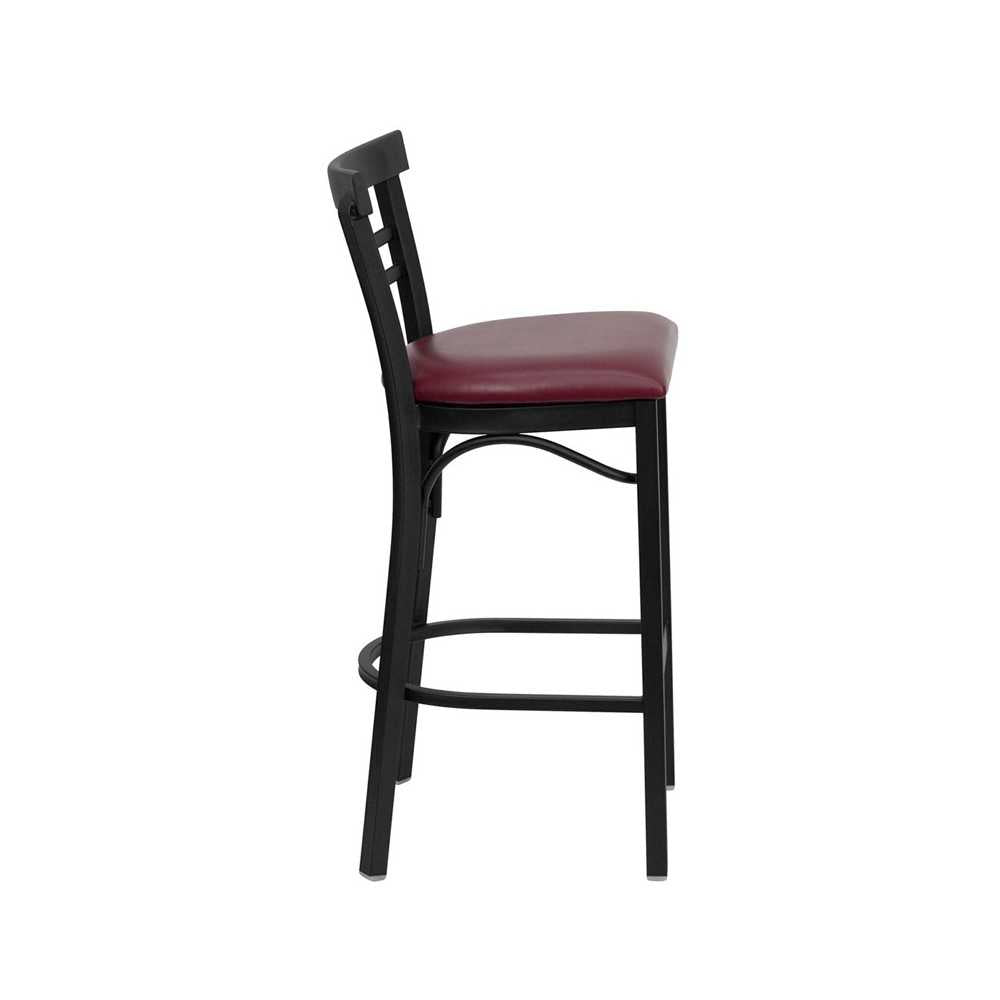 Black Two-Slat Ladder Back Metal Restaurant Barstool - Burgundy Vinyl Seat