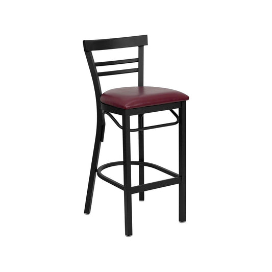 Black Two-Slat Ladder Back Metal Restaurant Barstool - Burgundy Vinyl Seat