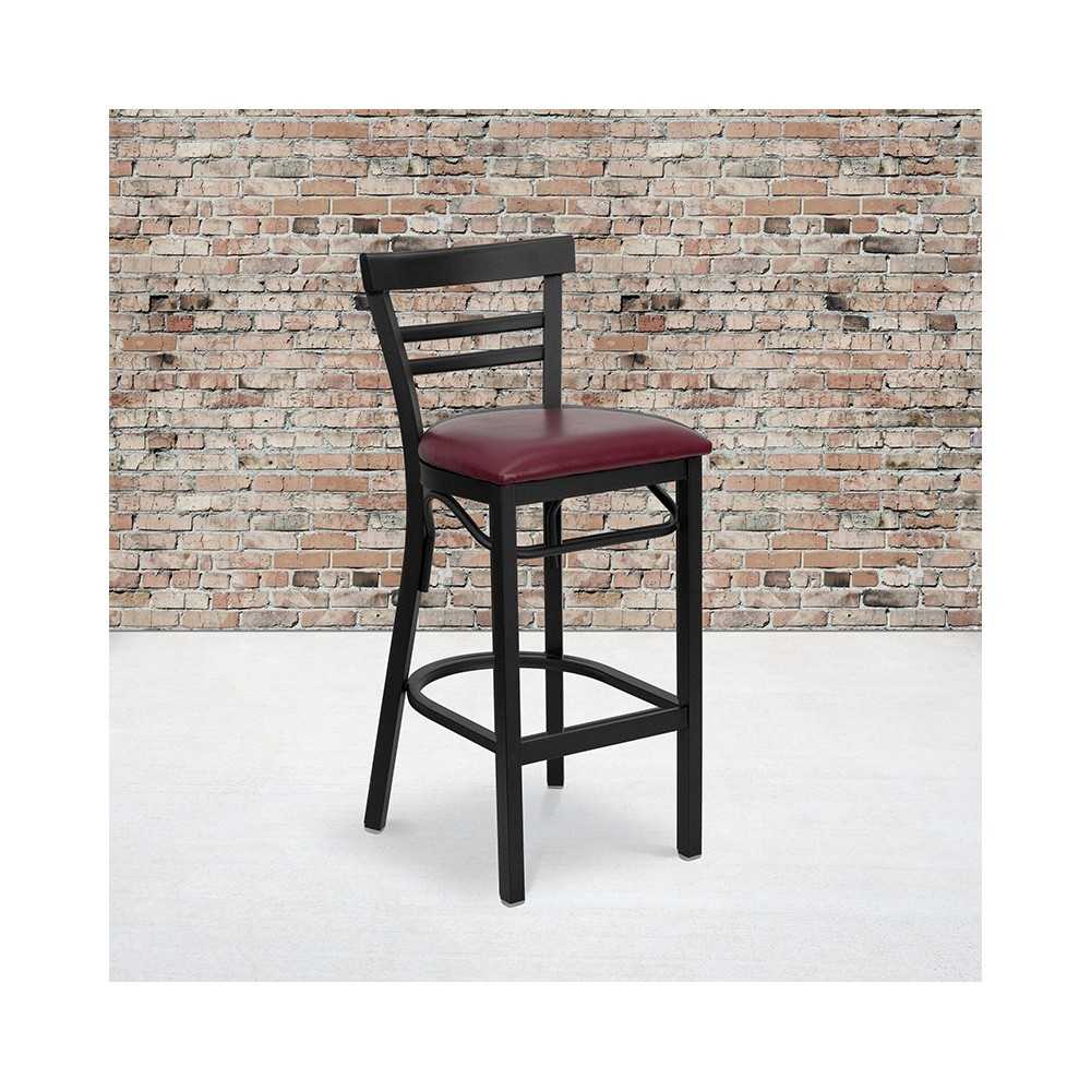 Black Two-Slat Ladder Back Metal Restaurant Barstool - Burgundy Vinyl Seat