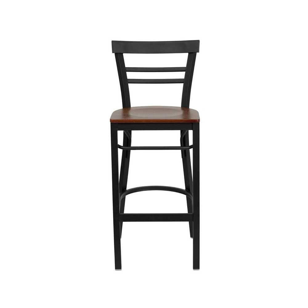 Black Two-Slat Ladder Back Metal Restaurant Barstool - Cherry Wood Seat