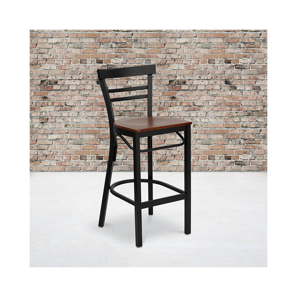 Black Two-Slat Ladder Back Metal Restaurant Barstool - Cherry Wood Seat