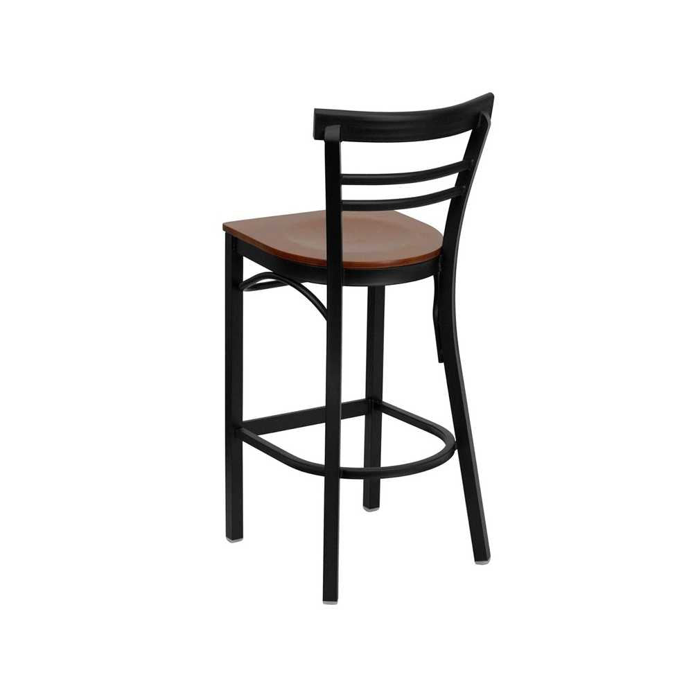 Black Two-Slat Ladder Back Metal Restaurant Barstool - Cherry Wood Seat
