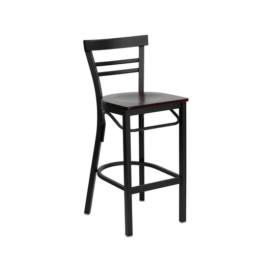 Black Two-Slat Ladder Back Metal Restaurant Barstool - Mahogany Wood Seat
