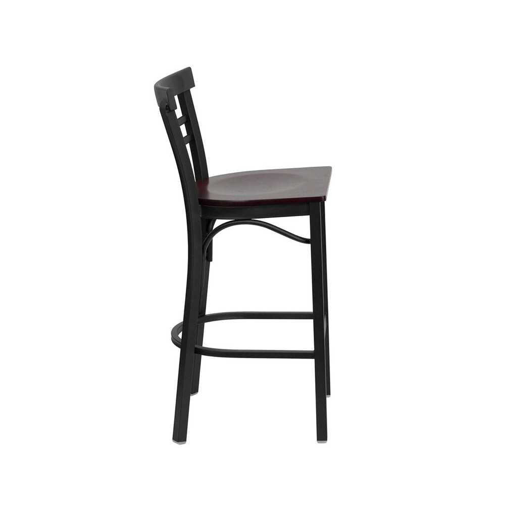 Black Two-Slat Ladder Back Metal Restaurant Barstool - Mahogany Wood Seat