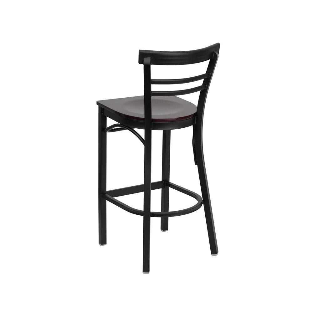 Black Two-Slat Ladder Back Metal Restaurant Barstool - Mahogany Wood Seat