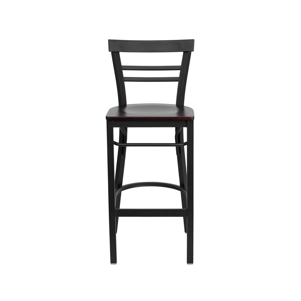 Black Two-Slat Ladder Back Metal Restaurant Barstool - Mahogany Wood Seat
