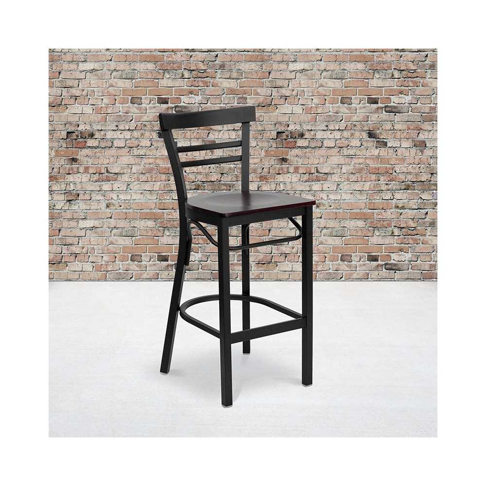Black Two-Slat Ladder Back Metal Restaurant Barstool - Mahogany Wood Seat